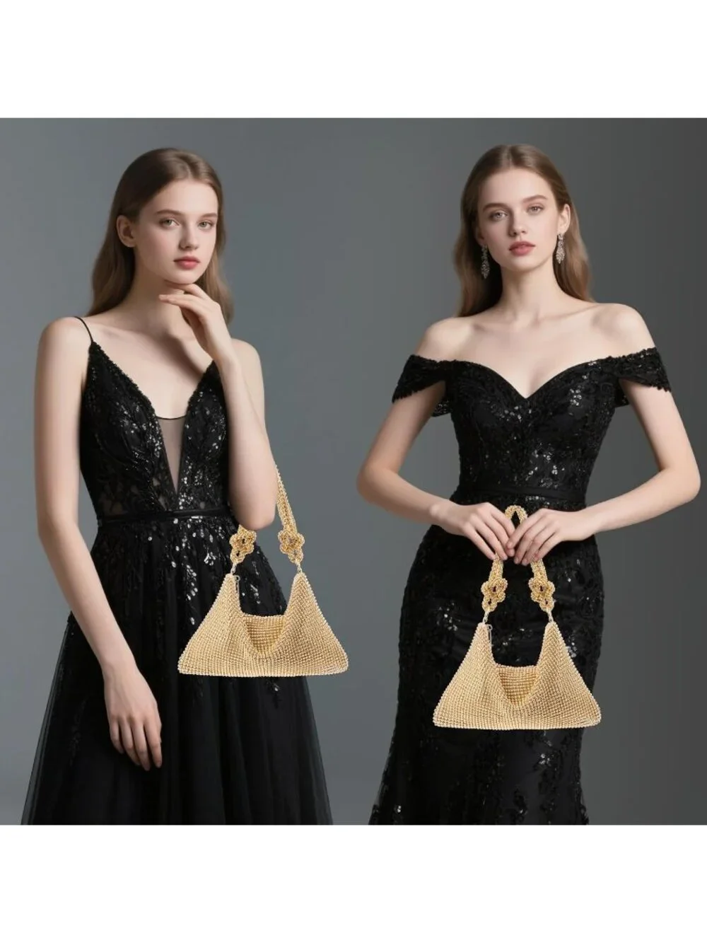 Women’s Gold Beads Rhinestone Mesh Clutch Evening Handbag Wedding Party Purse